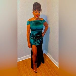 Belle ruched off the shoulder formal dress with high split.